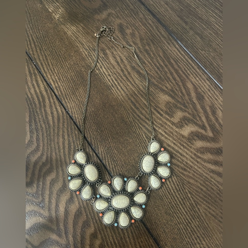 Statement Necklace with Cream and Blue Accents